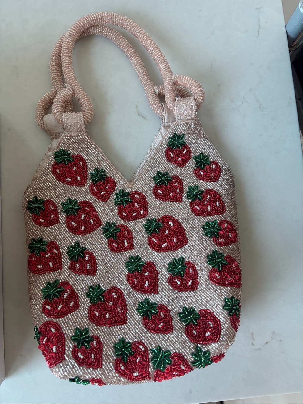 Beaded Strawberry Tote Bag in Blush Pink
